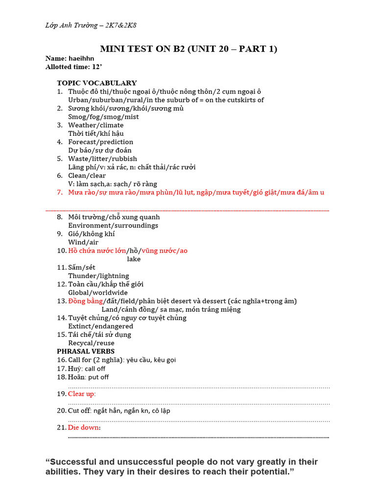 Mini Test T B2 Unit 20 Part 1 | PDF