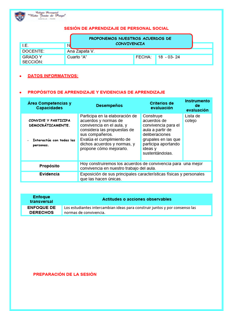 Acuerdos de Convivencia en Aula 4to A | PDF | Salón de clases | Evaluación