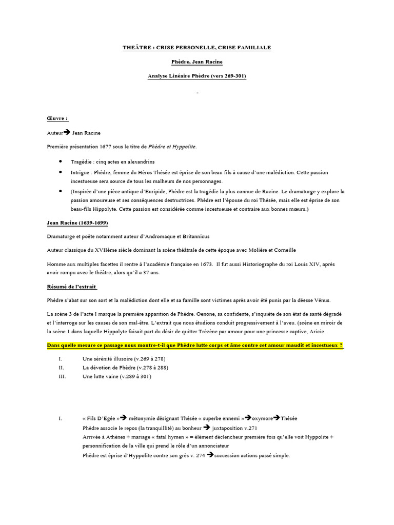 Analyse Linéaire Phèdre | PDF | Jean Racine