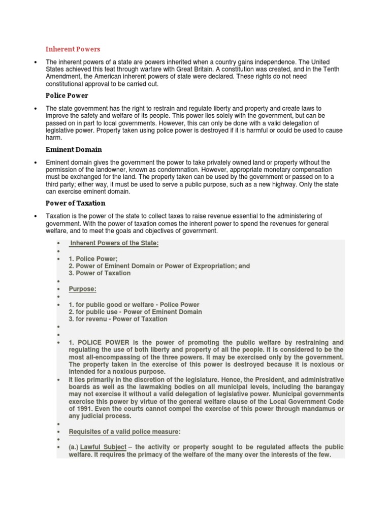 Inherent Powers of State Explained | PDF | Eminent Domain | Fourteenth ...