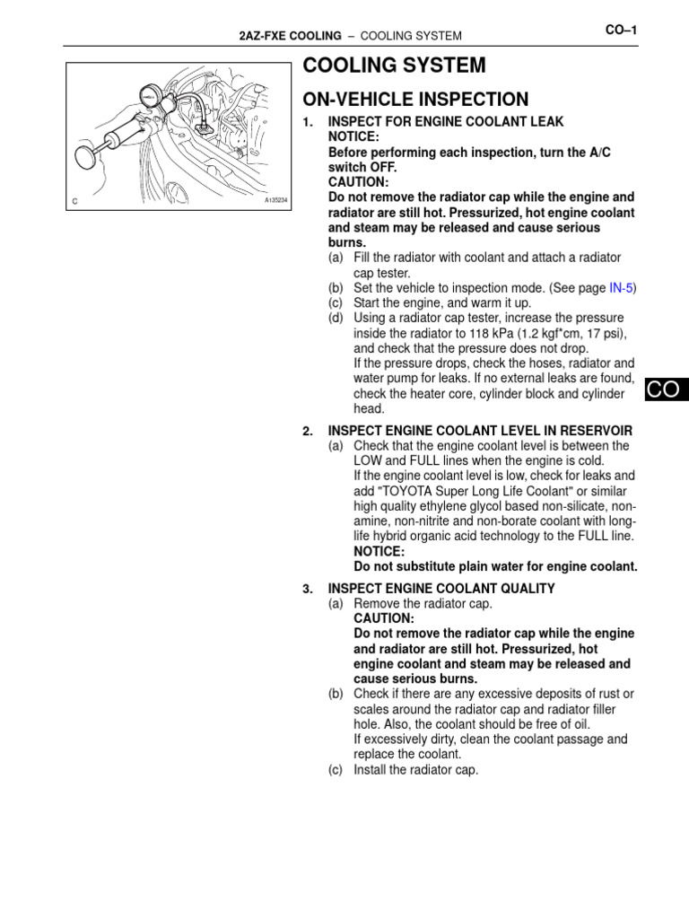 2AZ-FXE Cooling System Inspection Guide | PDF | Radiator | Thermostat