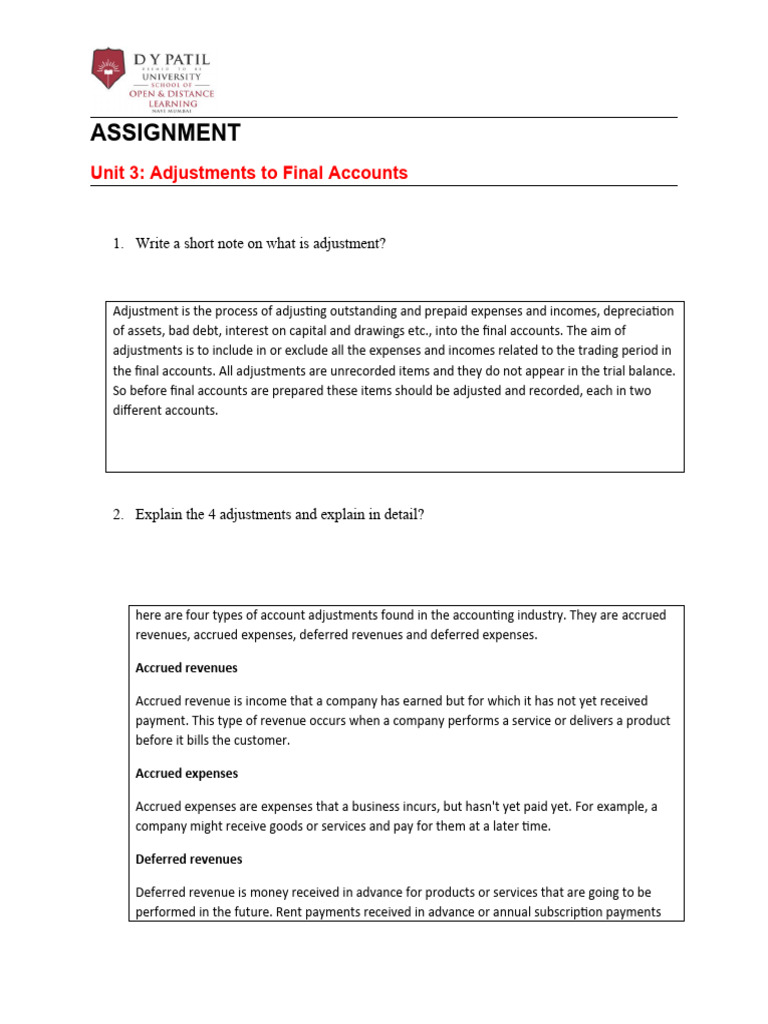 Adjustments To Final Accounts | PDF | Deferral | Expense