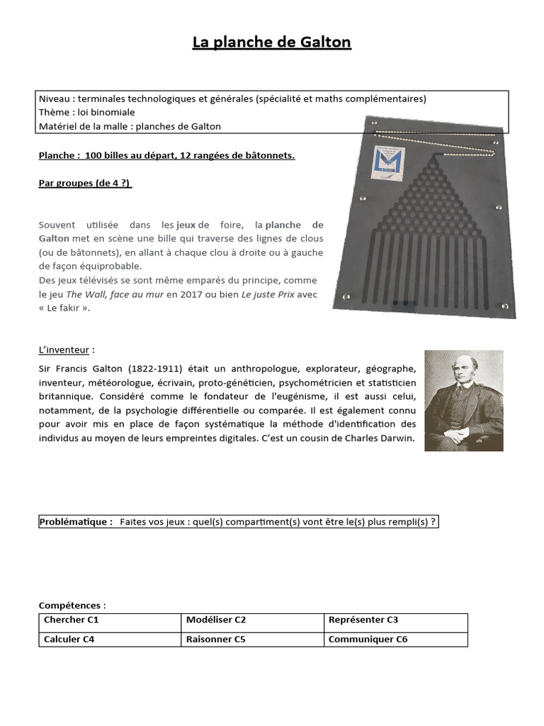 Planche De Galton Et Loi Binomiale PDF Francis Galton