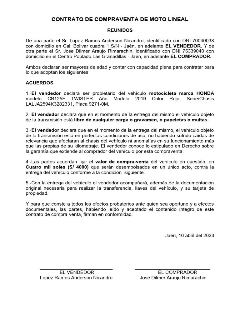 Contrato de Compraventa Moto | PDF | Negocios