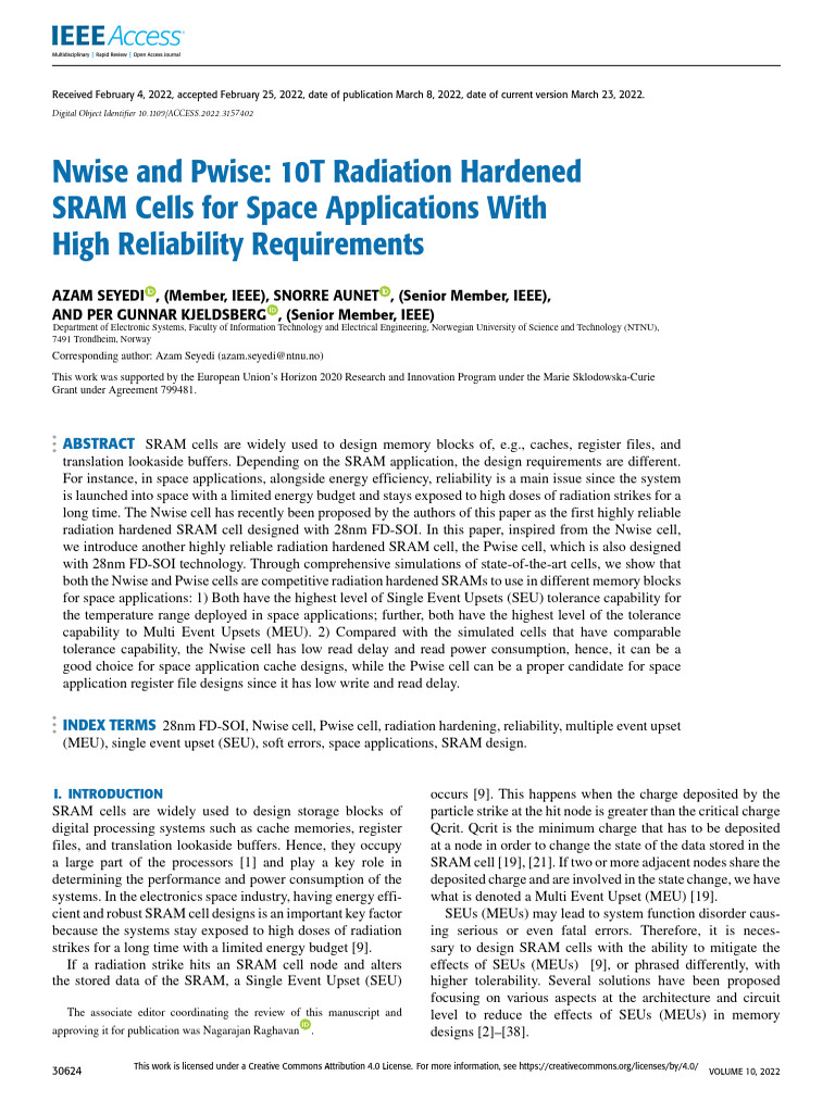 Nwise and Pwise 10T Radiation Hardened SRAM Cells For Space ...