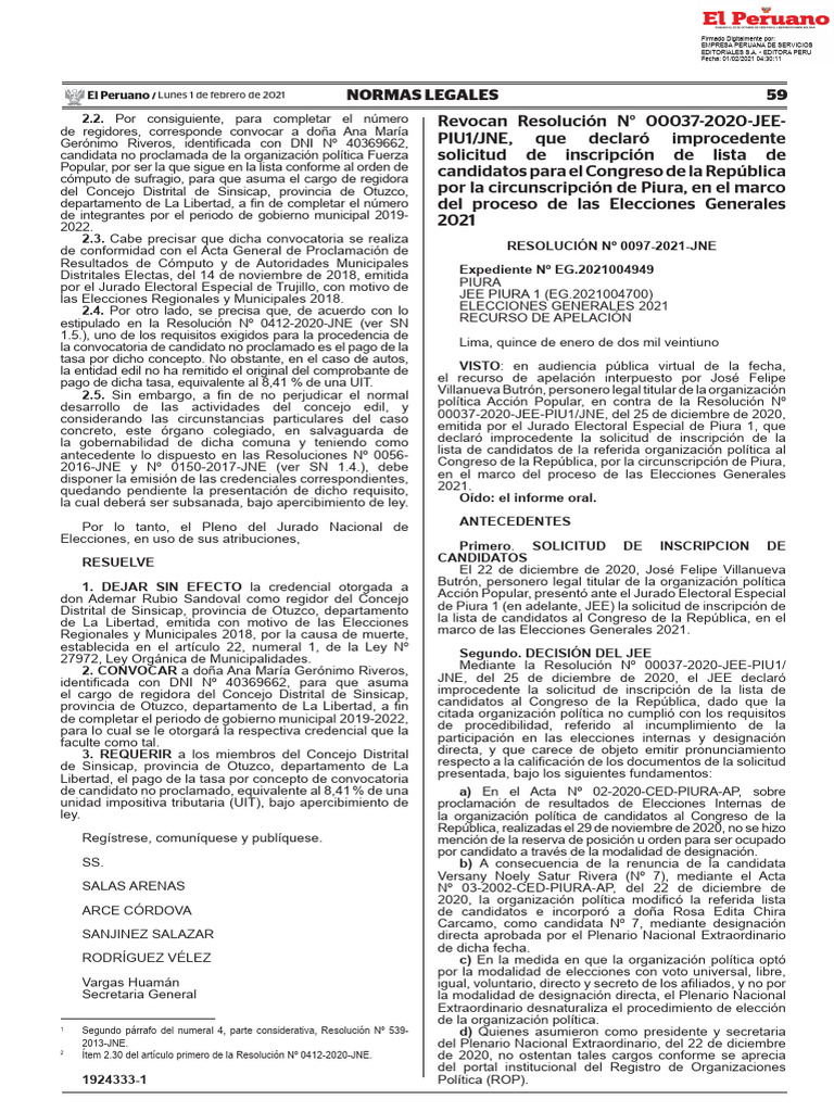 Resolución N 0097 2021 Jne Eg2021 Pdf Elecciones Perú