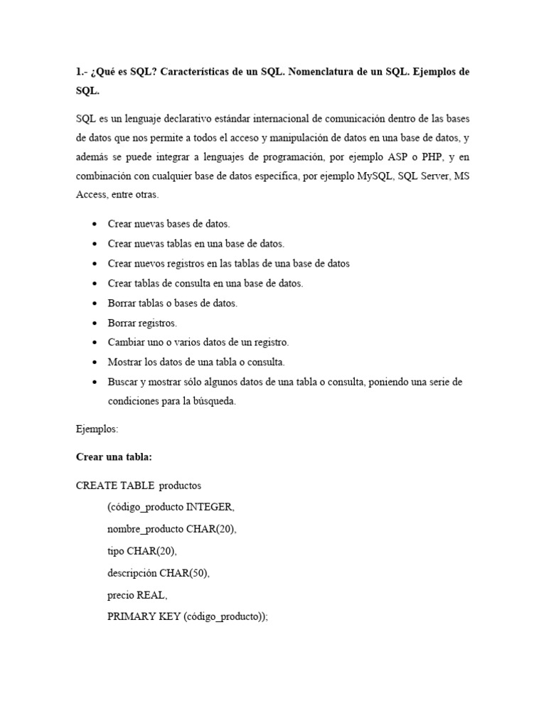 Que Es SQL Caracteristicas de Un SQL Nomenclatura de Un SQL Ejemplos de ...
