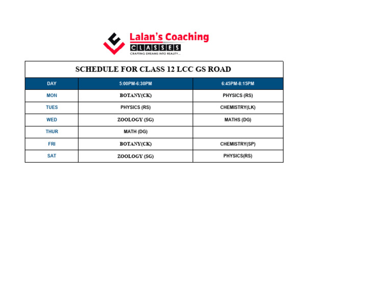 Schedule For Class 12 LCC GS Road | PDF
