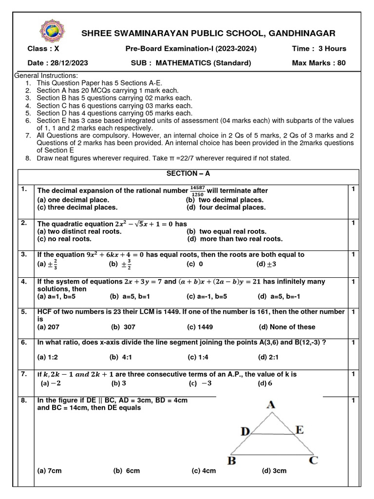 Class X Mathematics Pre-Board Exam 2023 | PDF | Circle | Quadratic Equation