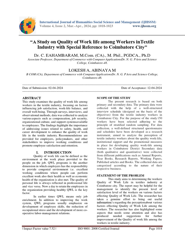Quality of Work Life in Coimbatore Textiles | PDF | Employment | Job ...