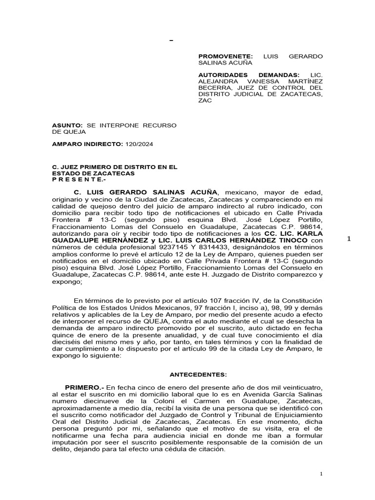 Recurso de Queja en Amparo Indirecto | PDF | Derecho Constitucional ...