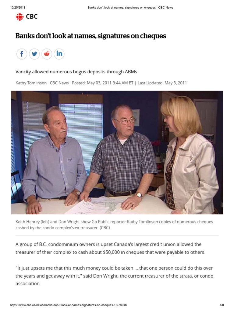 CBC Article Banks Dont Look at Names, Signatures On Cheques - CBC News ...
