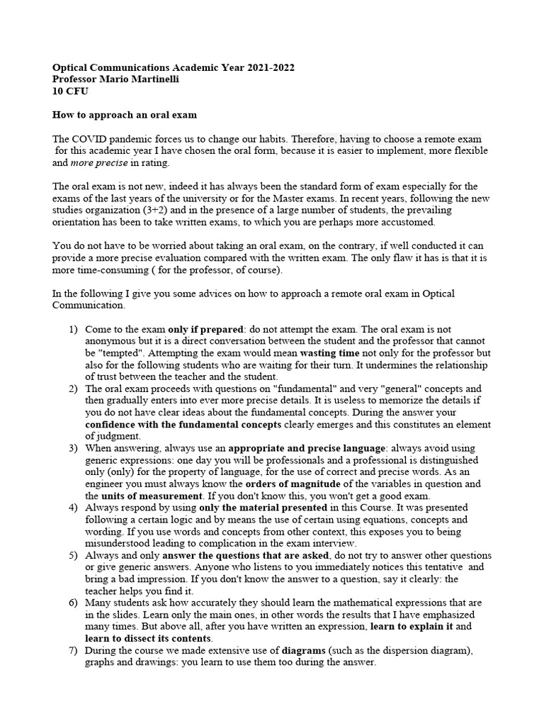 Oral Exam Guide for Optical Communication | PDF | Question | Concept