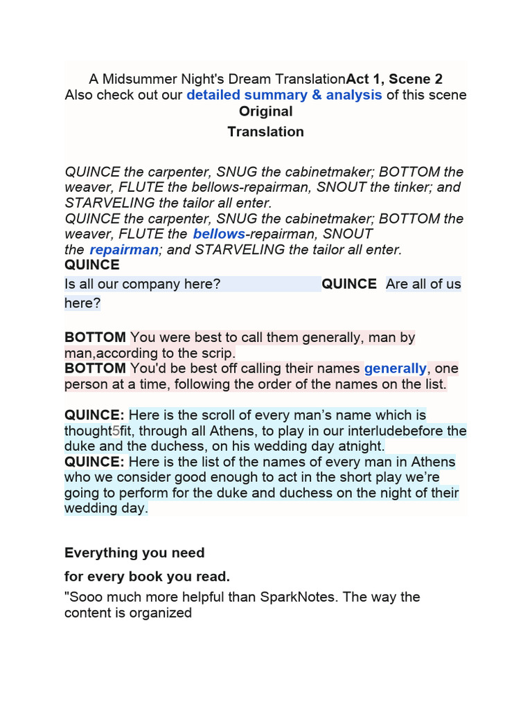 A Midsummer Night's Dream Act 1 Scene 2 Translation | PDF | A Midsummer ...