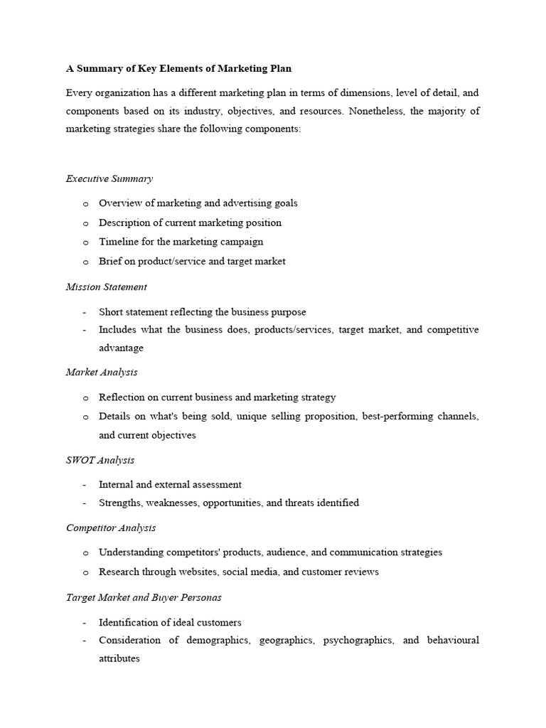 Key Elements of a Marketing Plan | PDF | Popular Culture & Media ...