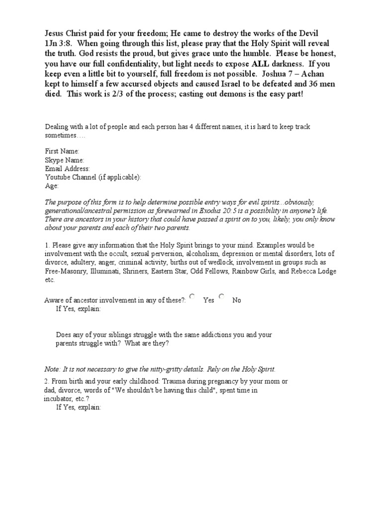 Deliverance Questionnaire PDF Exorcism Demons