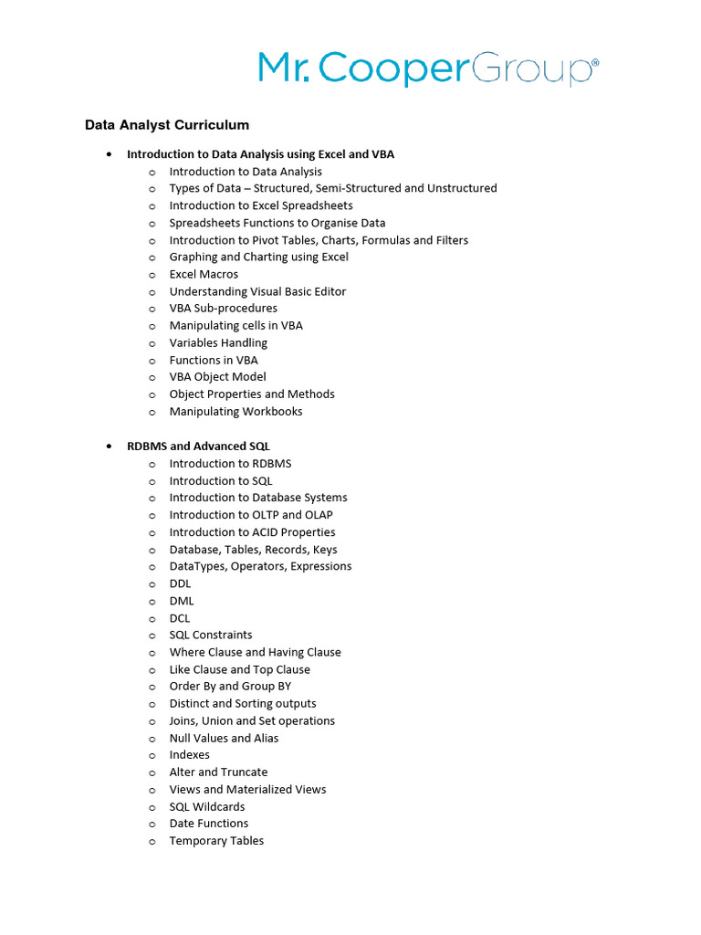 Data Analyst Curriculum Mr Cooper Group Download Free Pdf