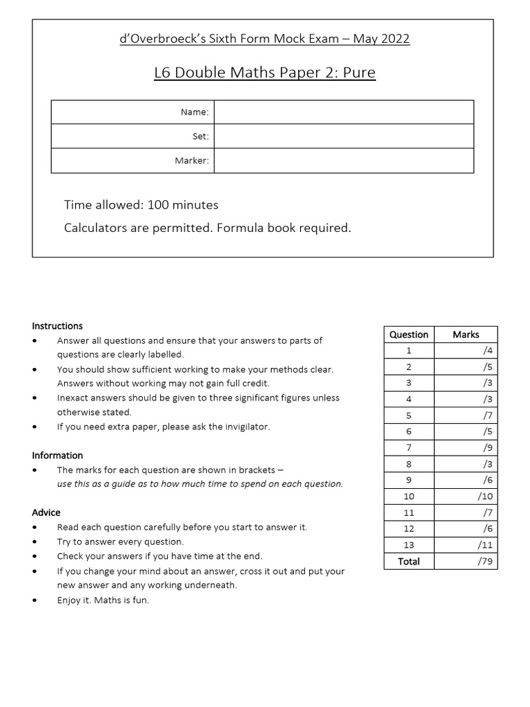 May 2022 L6 DM Paper 2 (Pure) | PDF | Angle | Equations