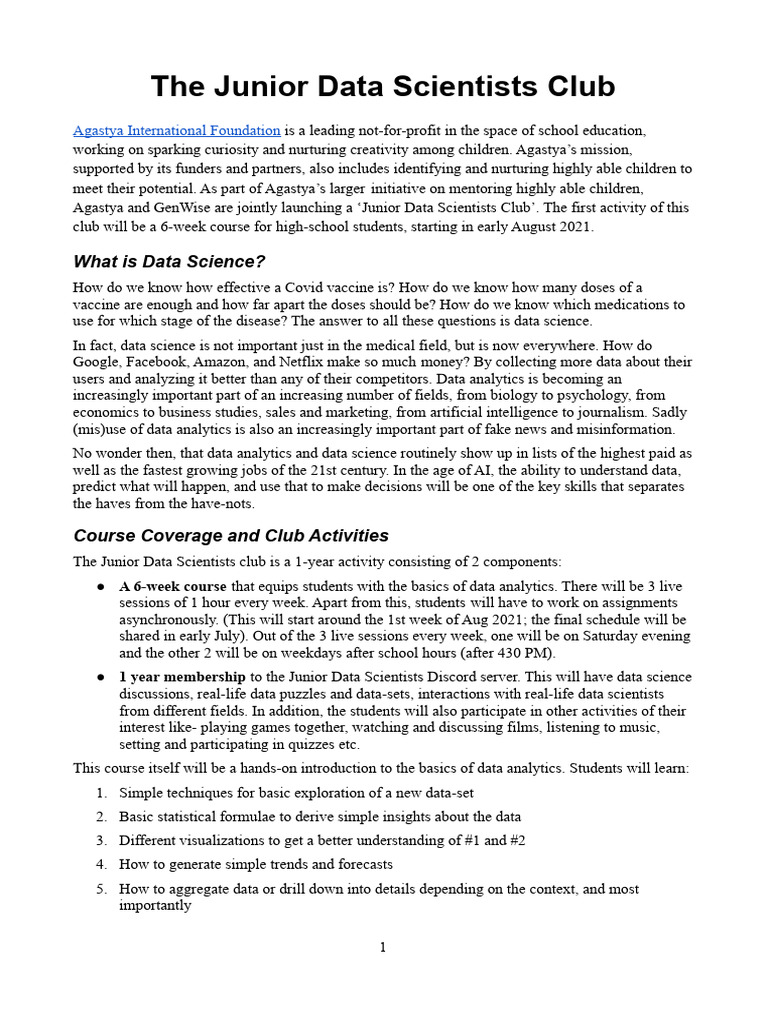 Junior Data Scientists Club Course | PDF | Data Science | Artificial ...