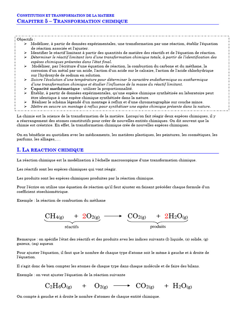 Transformation chimique et stoechiométrie | PDF | Chimie | Stœchiométrie