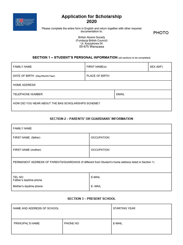 BAS Scholarship Application 2020 | PDF