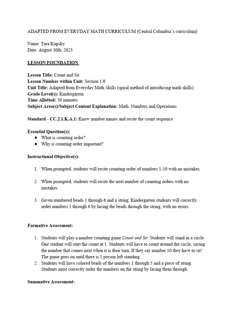 Kindergarten Counting Lesson Plan | PDF | Teachers | Curriculum