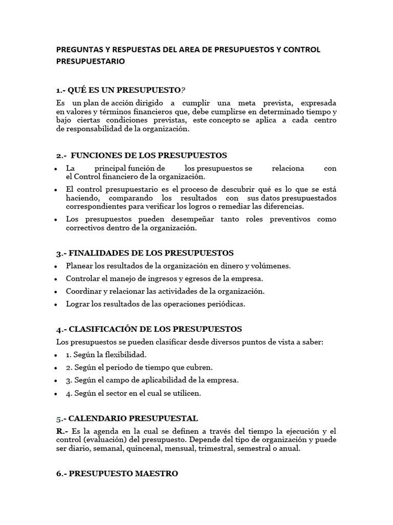 PREGUNTAS Y RESPUESTAS DEL AREA DE PRESUPUESTOS Y CONTROL ...