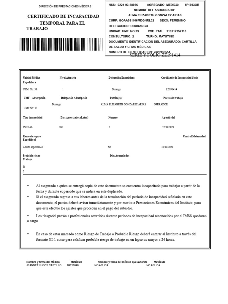 Certificado de Incapacidad Temporal | PDF
