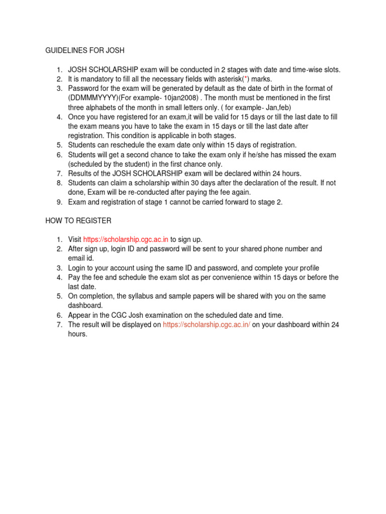 JOSH Scholarship Exam Registration Guide | PDF