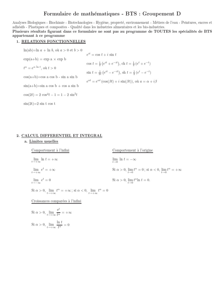 Formulaire Mathématiques BTS Groupement D | PDF | Fonctionnalités et ...