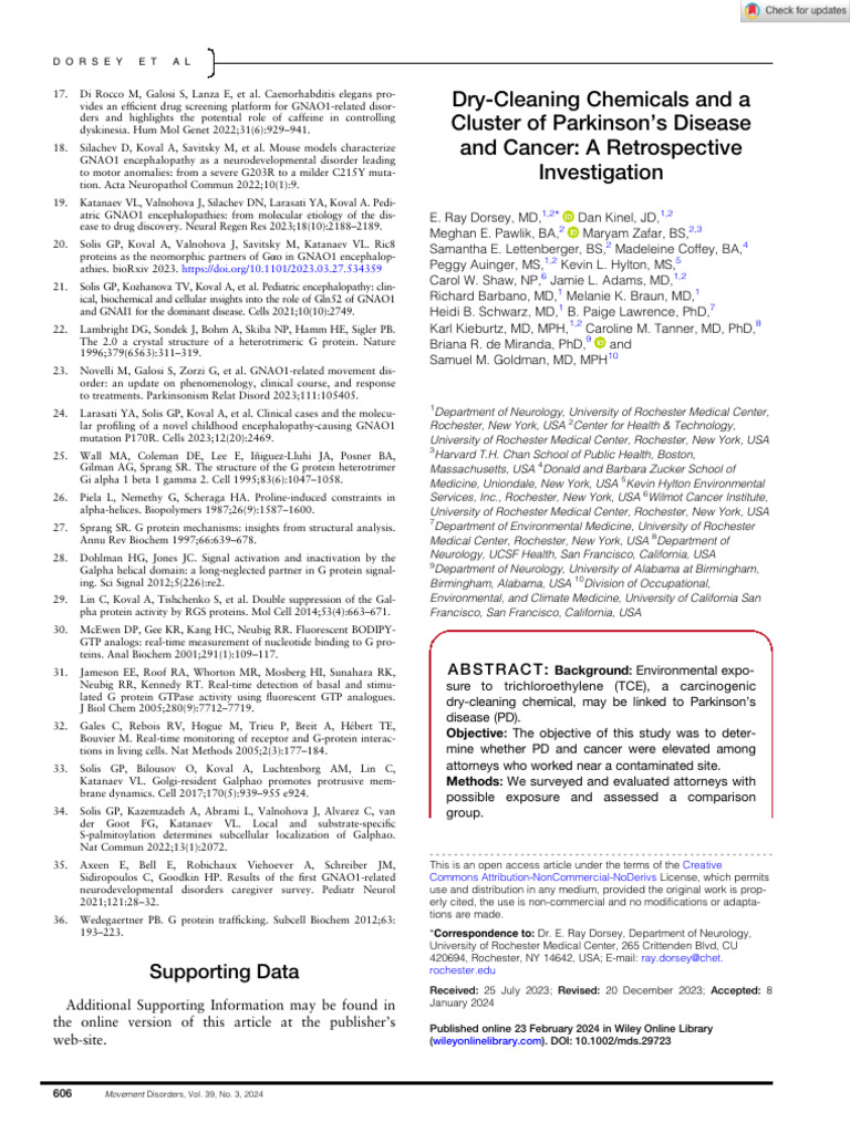 Movement Disorders 2024 Dorsey Dry Cleaning Chemicals and A