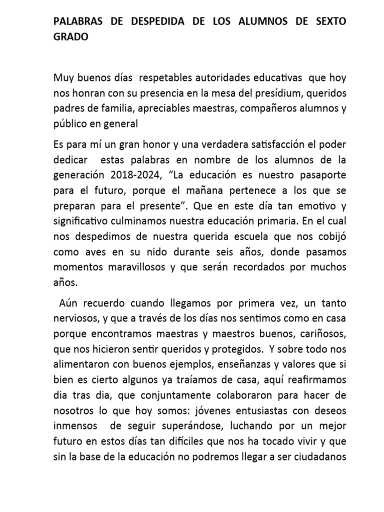 Palabras de Despedida de Los Alumnos de Sexto Grado 2 | PDF