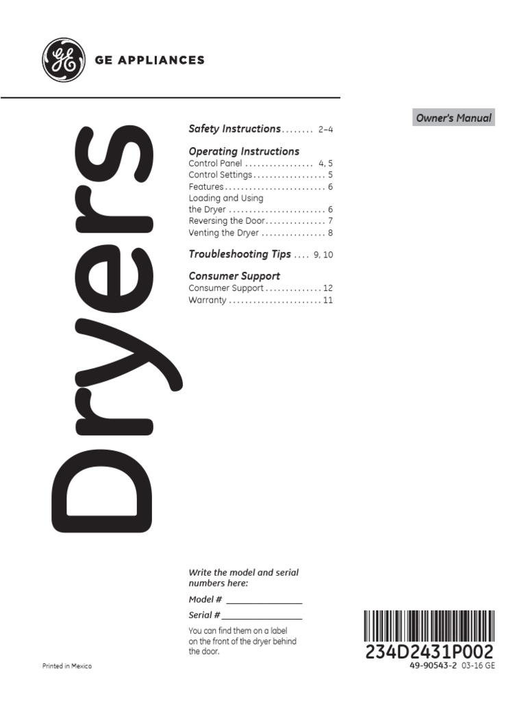 Dryer Owner's Manual and Safety Guide | PDF | Clothes Dryer | Duct (Flow)