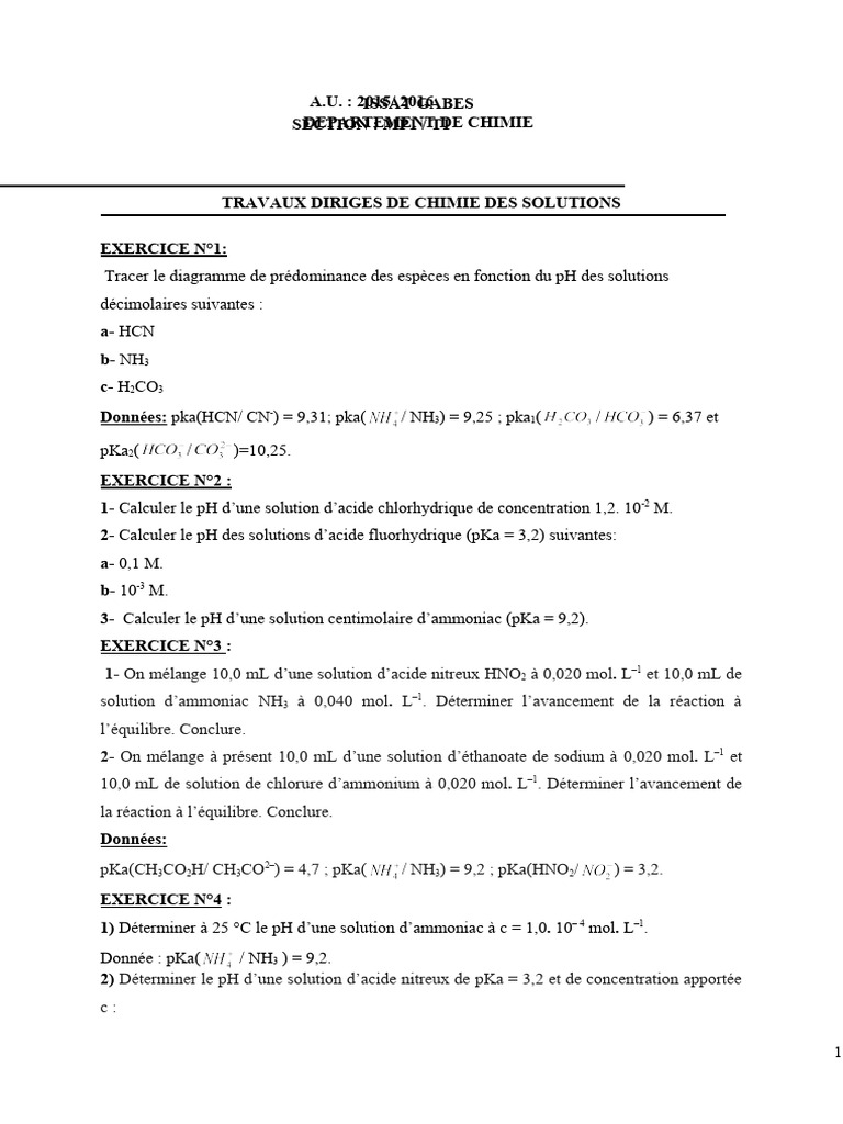 Exercices de Chimie des Solutions | PDF | Équilibre chimique | Précipité
