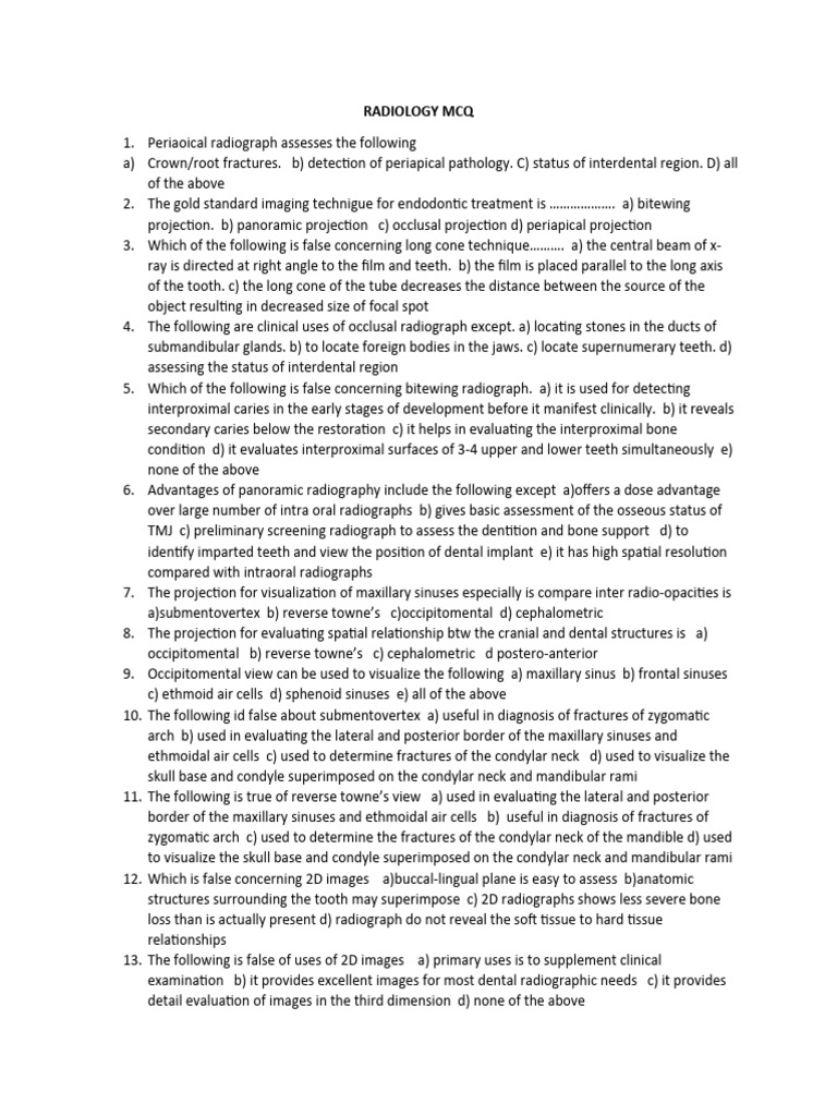 Oral Radiology Mcq Pdf Dentistry Clinical Medicine