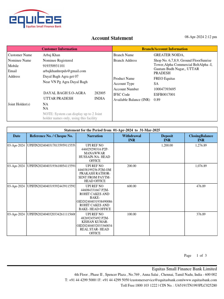 Equitas Small Finance Bank Statement | PDF | Banking | Financial Services
