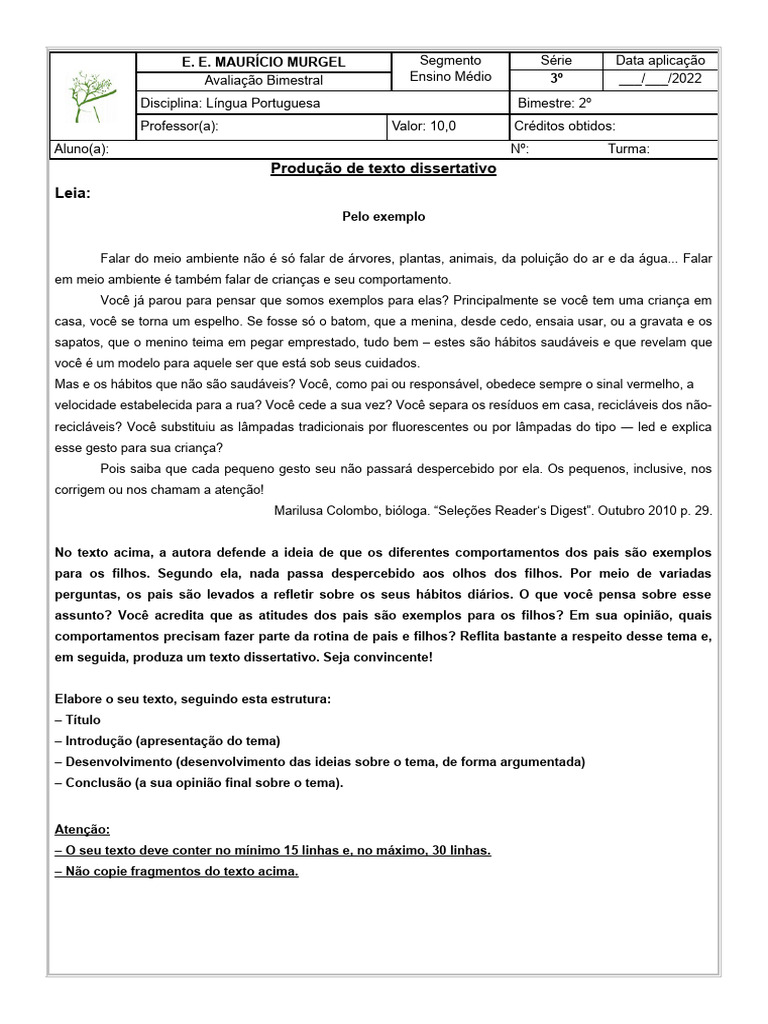 Prova Bimestral 2 | PDF | Carreira e Crescimento | Bem-estar