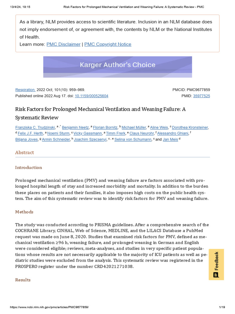 Risk Factors For Prolonged Mechanical Ventilation and Weaning Failure A ...