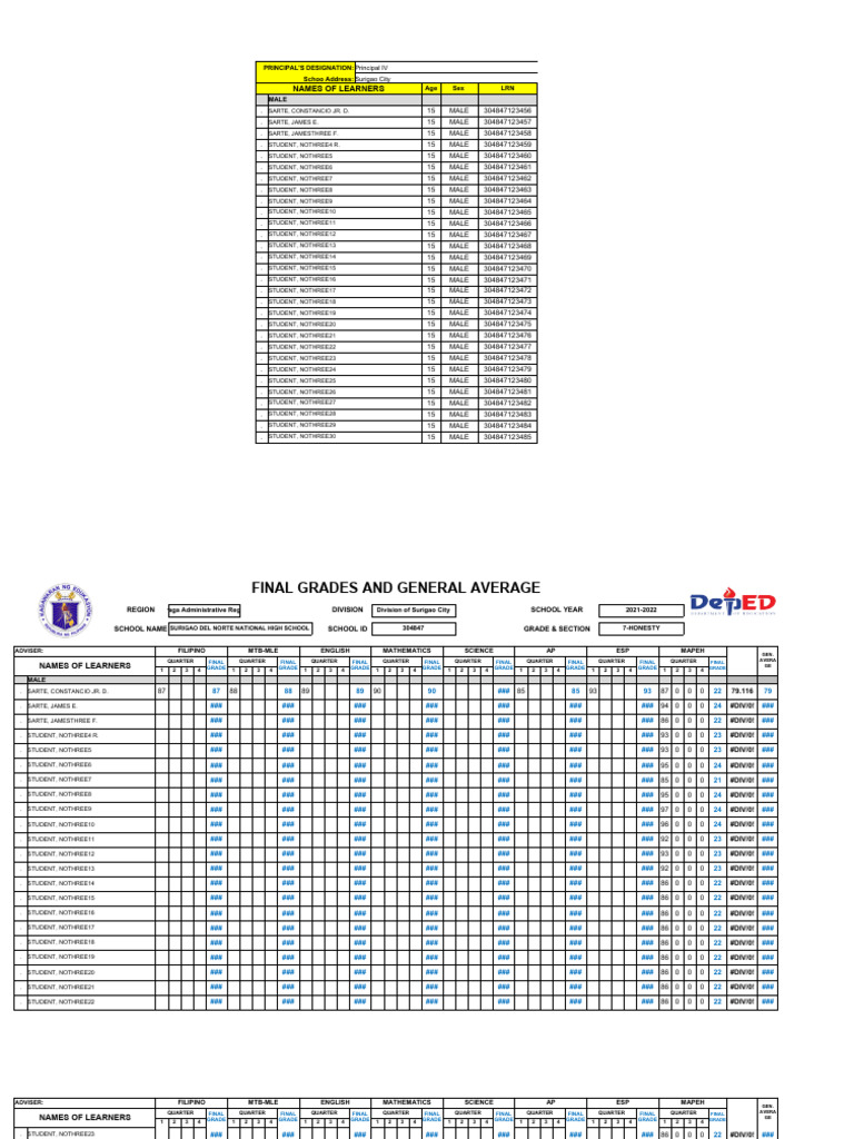 Surigao Del Norte Student Report Card | PDF