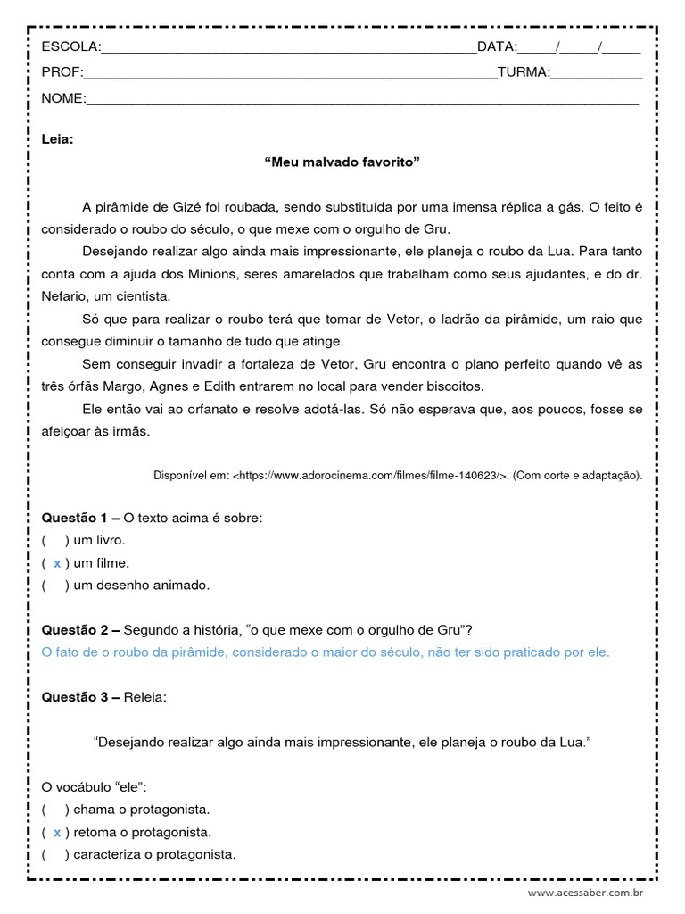 Interpretacao-de-texto-Meu-malvado-favorito-5o-ano-Respostas | PDF