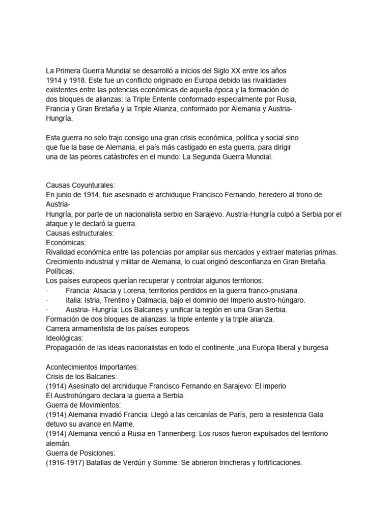 Causas y Consecuencias de la Primera Guerra Mundial | PDF | Austria ...