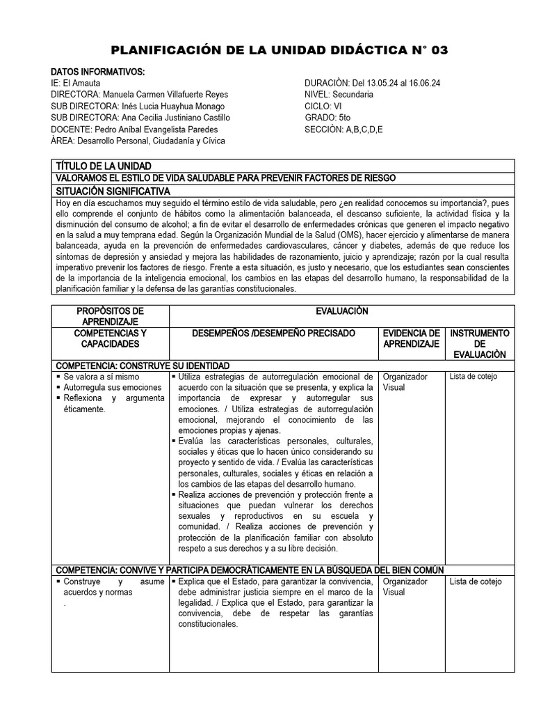 Unidad de Aprendizaje #03 DPCC 5to 2024 Eppa | PDF | Aprendizaje | Las ...