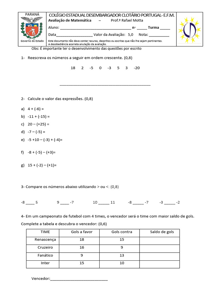 Prova Reavaliação Bloco1 7C | PDF | Matemática