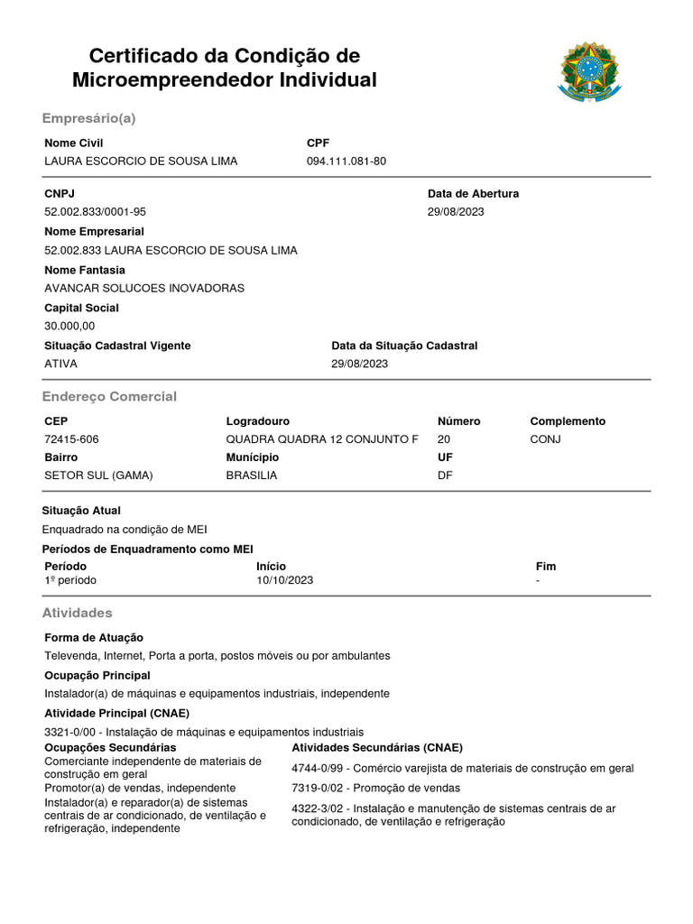 Certificado de Microempreendedor Individual | PDF | Finanças e ...