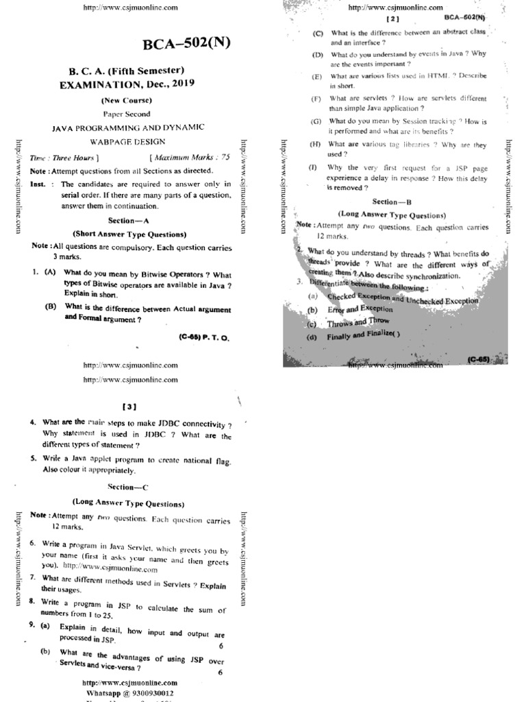 Bca 5 Sem Java Programming and Dynamic Wabpage Design Bca 502n Dec 2019 ...