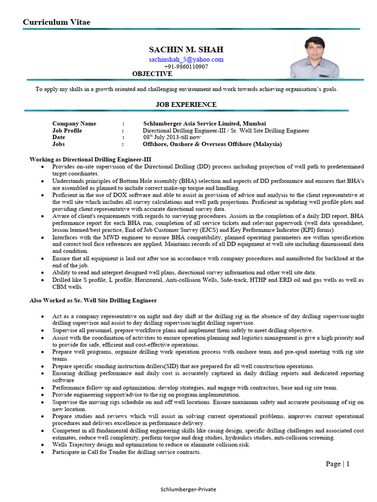 Sachin Shah - CV | PDF | Oil Well | Drilling Rig
