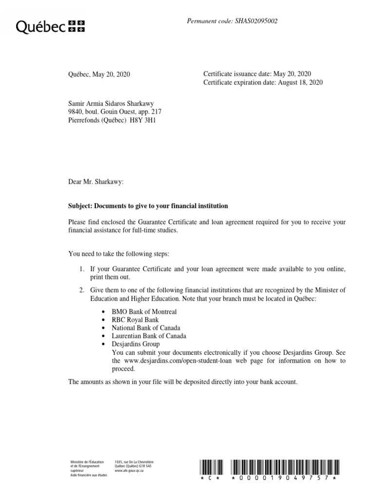 Quebec Student Loan Guarantee Certificate | PDF | Loans | Debt