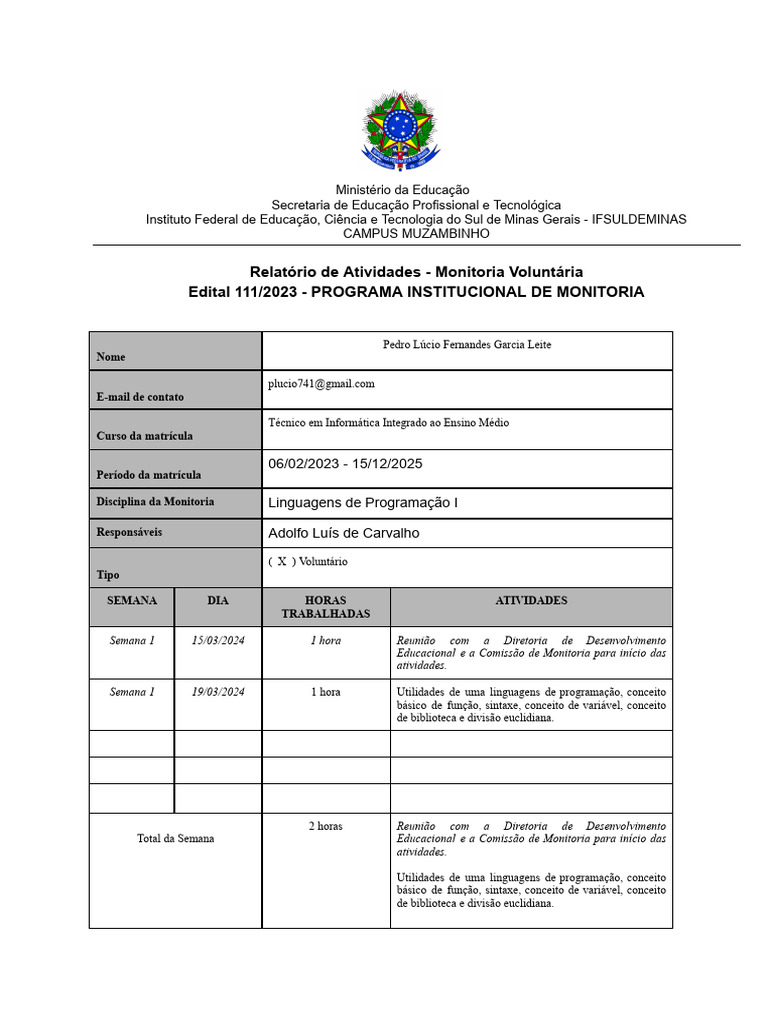 Relatório de Monitoria em Programação | PDF | Carreira e Crescimento