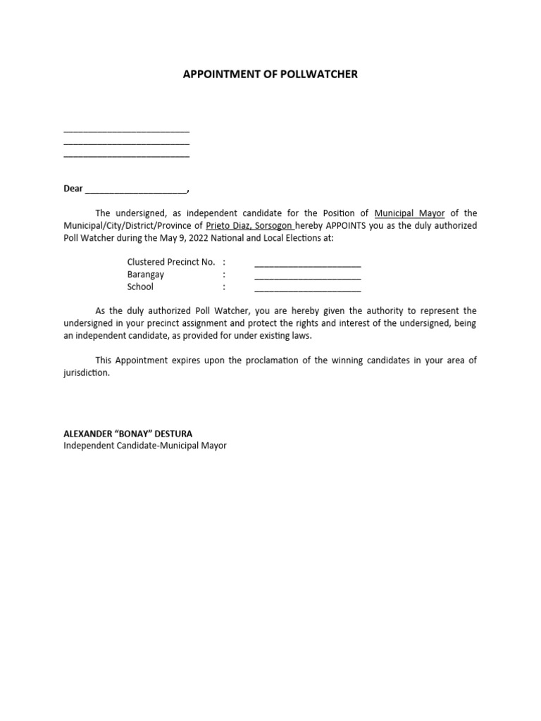 Appointment of Poll Watcher for Elections | PDF