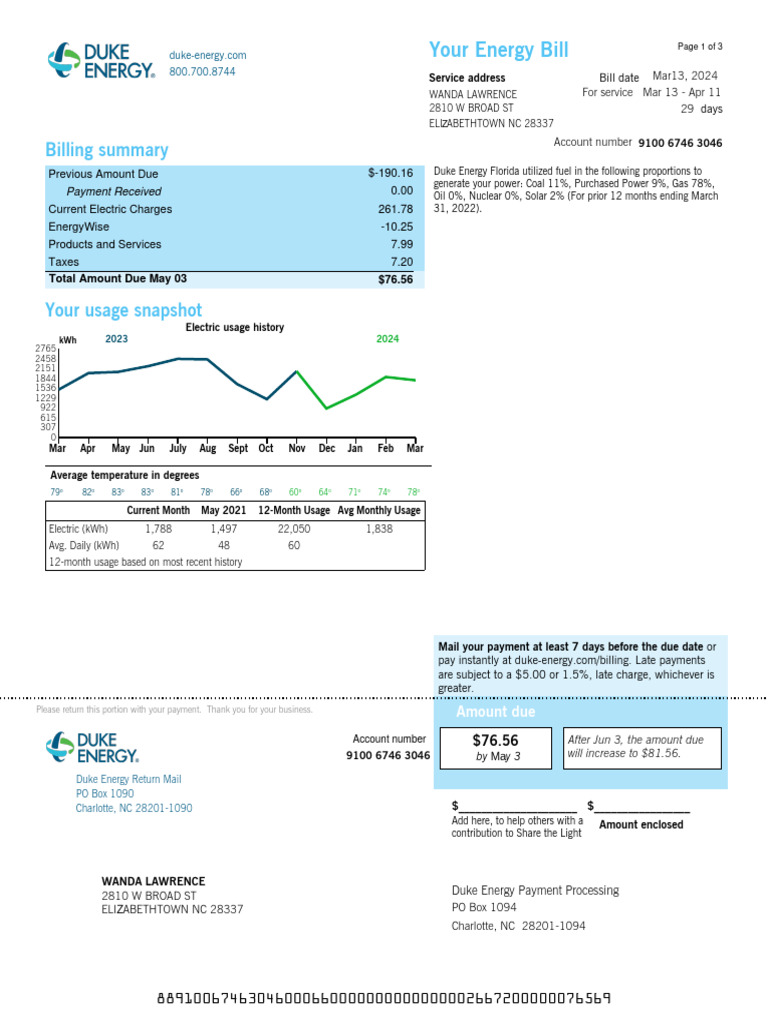 Duke Energy Monthly Bill Summary | PDF | Electric Power | Power (Physics)